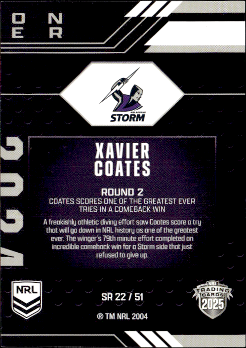 Xavier Coates Storm Season To Remember 2025 NRL Traders Trading Card SR 22/51