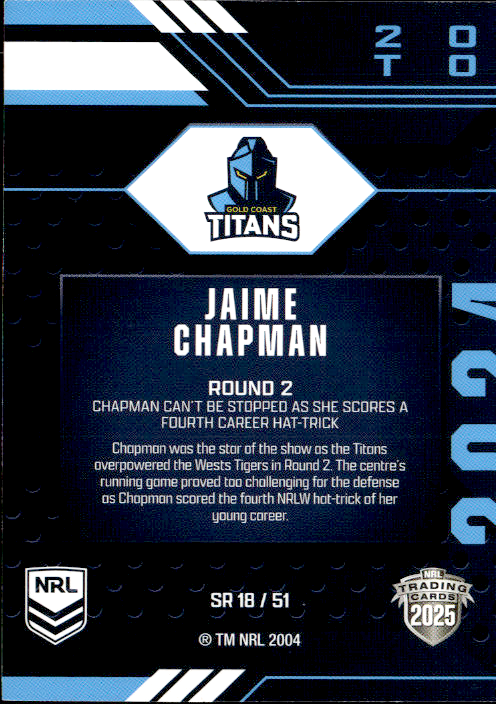 Jaime Chapman Titans Season To Remember 2025 NRL Traders Trading Card SR 18/51