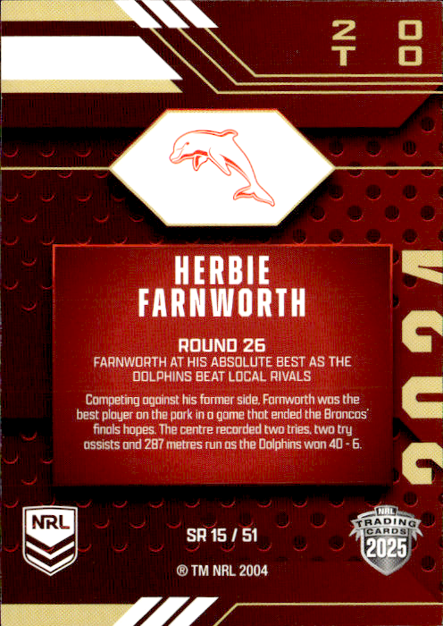 Herbie Farnworth Dolphins Season To Remember 2025 NRL Traders Trading Card SR 15/51