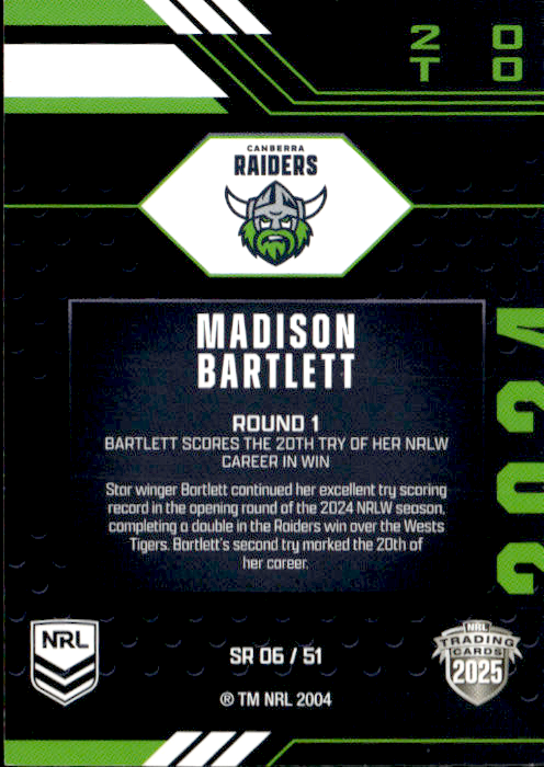 Madison Bartlett Raiders Season To Remember 2025 NRL Traders Trading Card SR 06/51