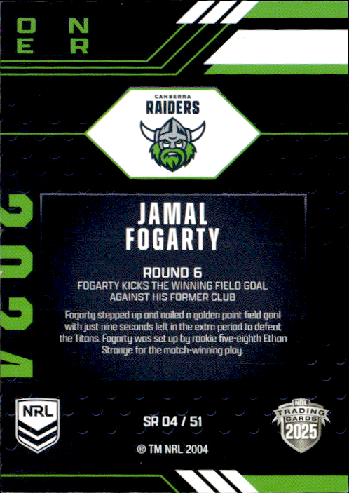 Jamal Fogerty Raiders Season To Remember 2025 NRL Traders Trading Card SR 04/51