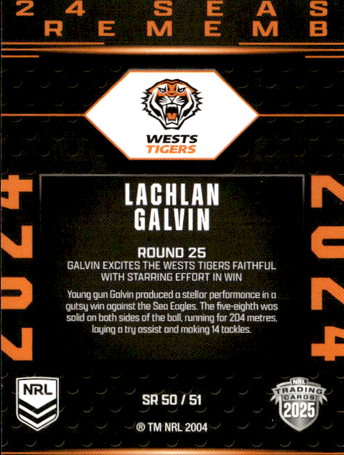 Lachlan Galvin West Tigers Season To Remember 2025 NRL Traders Trading Card SR 50/51