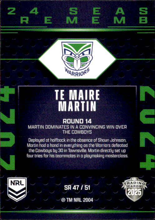 Te Maire Martin Warriors Season To Remember 2025 NRL Traders Trading Card SR 47/51