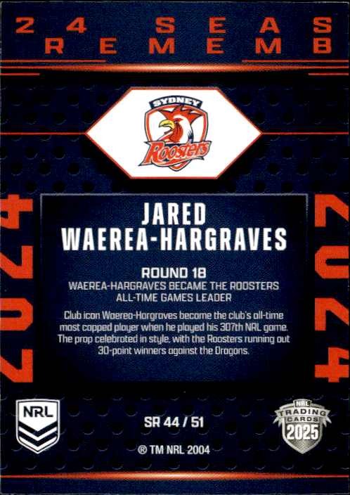 Jared Waerea-Hargraves Roosters Season To Remember 2025 NRL Traders Trading Card SR 44/51