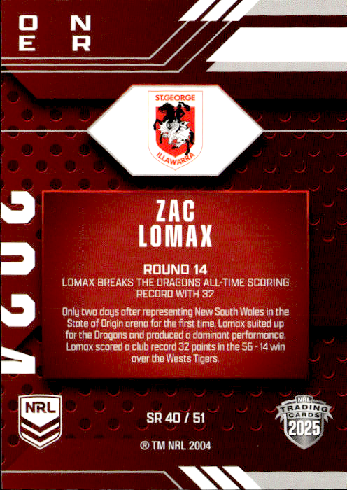 Zac Lomax Dragons Season To Remember 2025 NRL Traders Trading Card SR 40/51