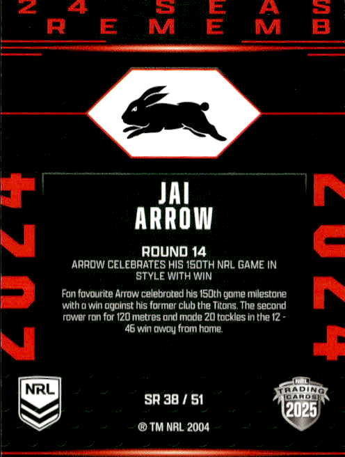 Jai Arrow Rabbitohs Season To Remember 2025 NRL Traders Trading Card SR 38/51