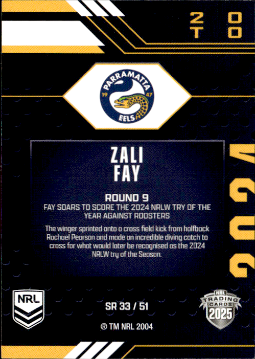 Zali Fay Eels Season To Remember 2025 NRL Traders Trading Card SR 33/51