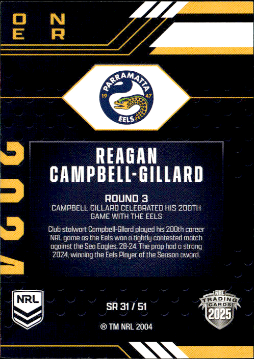 Reagan Campbell-Gillard Eels Season To Remember 2025 NRL Traders Trading Card SR 31/51
