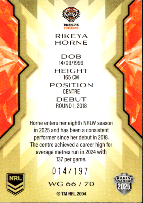 Rikeya Horne West Tigers Womens Gold Parallel #014/197 2025 NRL Traders Trading Card WG66/70