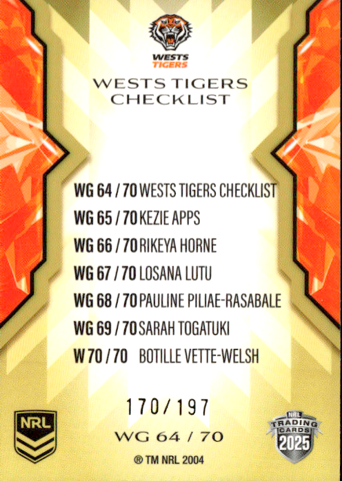 West Tigers Checklist Womens Gold Parallel #170/197 2025 NRL Traders Trading Card WG64/70