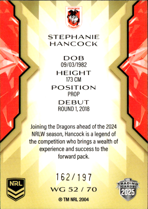 Stephanie Hancock Dragons Womens Gold Parallel #162/197 2025 NRL Traders Trading Card WG52/70