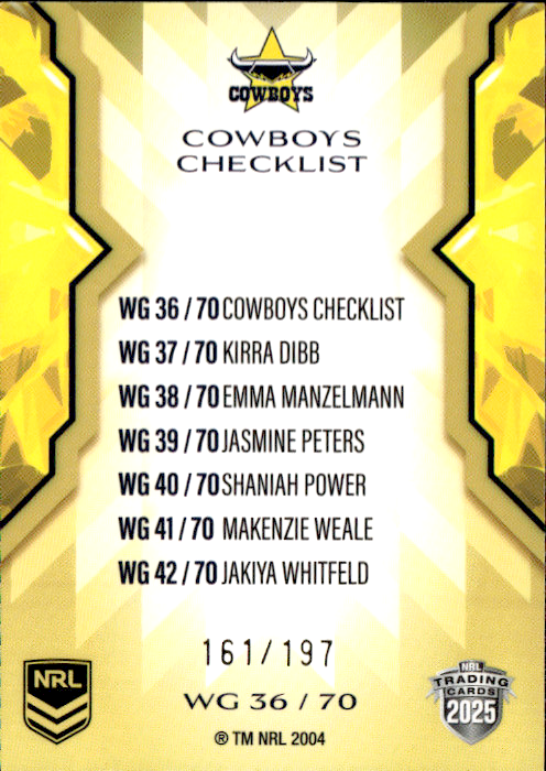Cowboys Checklist Womens Gold Parallel #161/197 2025 NRL Traders Trading Card WG36/70