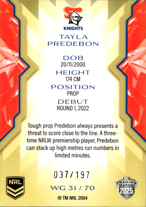 Tayla Predebon Knights Womens Gold Parallel #037/197 2025 NRL Traders Trading Card WG31/70