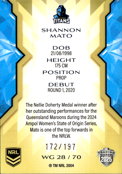 Shannon Mato Titans Womens Gold Parallel #172/197 2025 NRL Traders Trading Card WG28/70