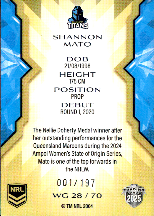 Shannon Mato Titans Womens Gold Parallel #001/197 2025 NRL Traders Trading Card WG28/70