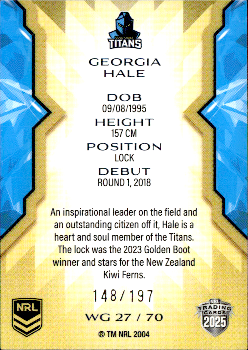 Georgia Hale Titans Womens Gold Parallel #148/197 2025 NRL Traders Trading Card WG27/70