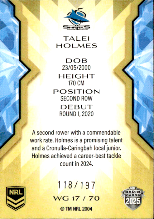 Talei Holmes Sharks Womens Gold Parallel #118/197 2025 NRL Traders Trading Card WG17/70