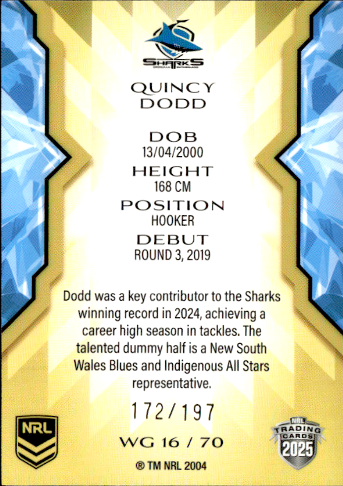 Quincy Dodd Sharks Womens Gold Parallel #172/197 2025 NRL Traders Trading Card WG16/70