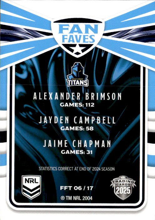 Sharks Fan Faves Teams 2025 NRL Traders Trading Card FFT 04/17