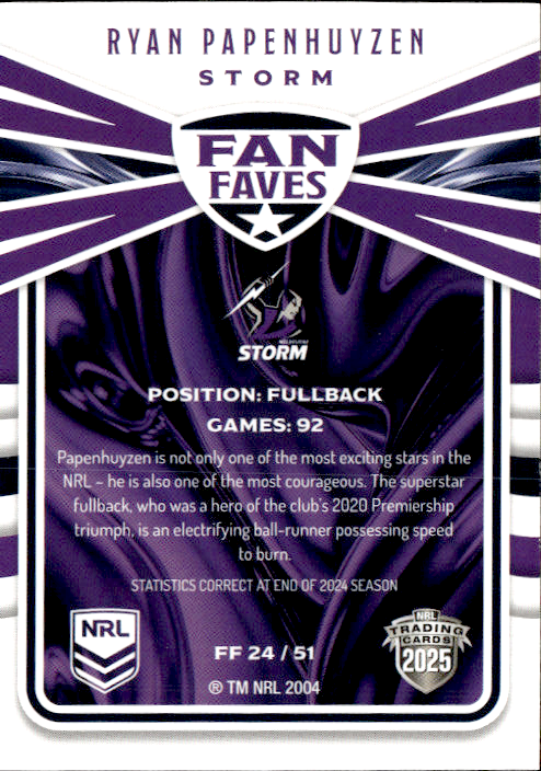 Ryan Papenhuyzen Storm Fan Faves 2025 NRL Traders Trading Card FF 24/51