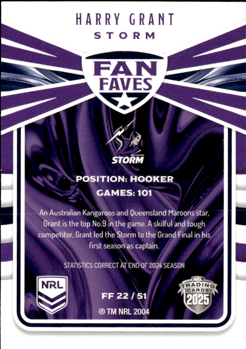 Harry Grant Storm Fan Faves 2025 NRL Traders Trading Card FF 22/51