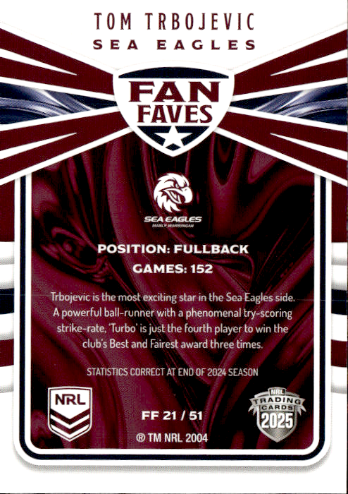 Tom Trbojevic Sea Eagles Fan Faves 2025 NRL Traders Trading Card FF 21/51