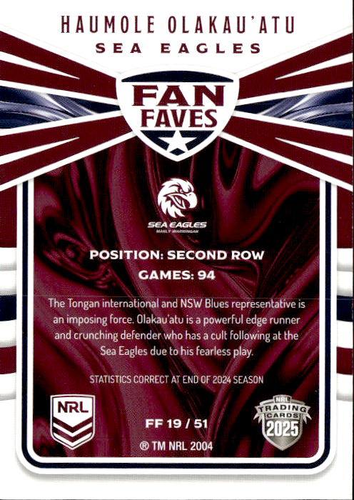 Haumole Olakau'atu Sea Eagles Fan Faves 2025 NRL Traders Trading Card FF 19/51