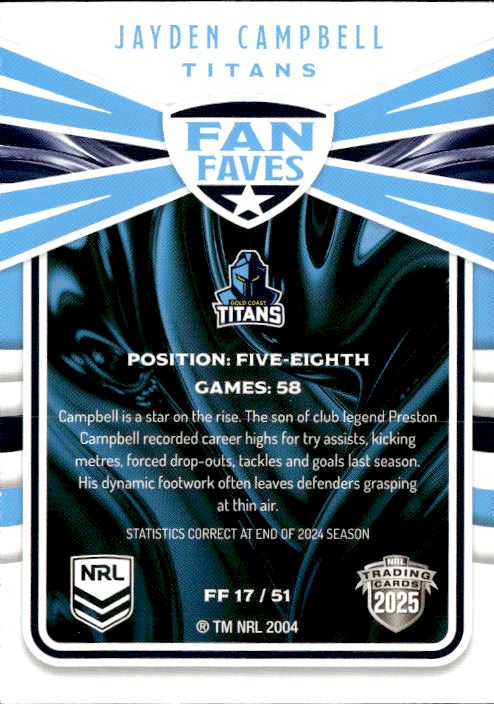 Jayden Campbell Titans Fan Faves 2025 NRL Traders Trading Card FF 17/51