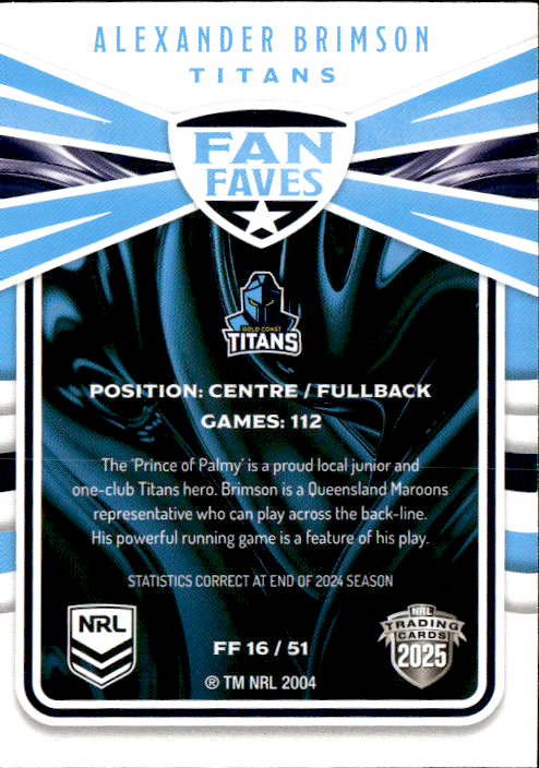 Alexander Brimson Titans Fan Faves 2025 NRL Traders Trading Card FF 16/51