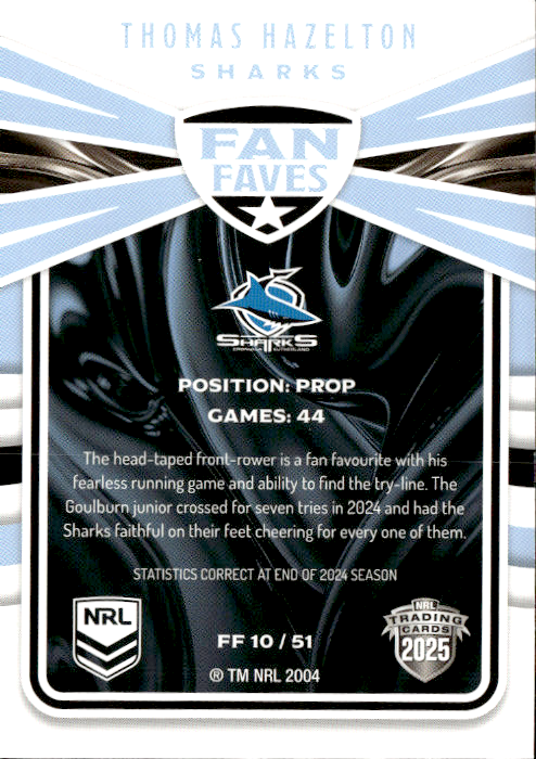 Thomas Hazelton Sharks Fan Faves 2025 NRL Traders Trading Card FF 10/51