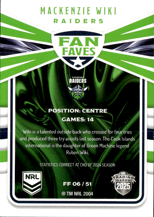 Mackenzie Wiki Raiders Fan Faves 2025 NRL Traders Trading Card FF 06/51