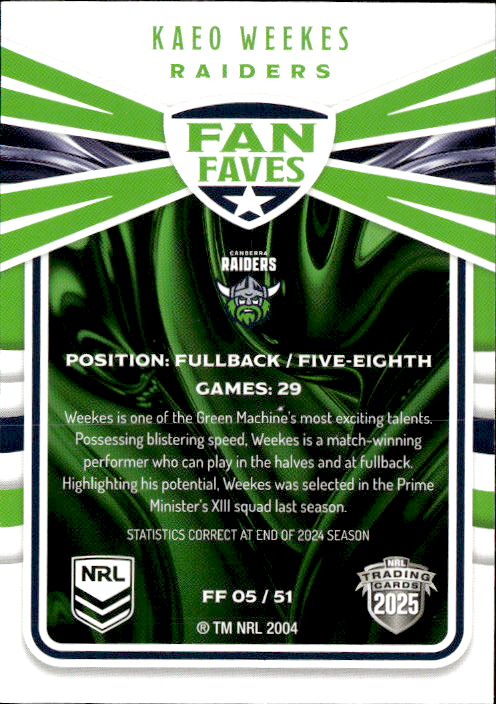 Kaeo Weekes Raiders Fan Faves 2025 NRL Traders Trading Card FF 05/51