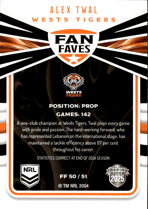 Alex Twal West Tigers Fan Faves 2025 NRL Traders Trading Card FF 50/51