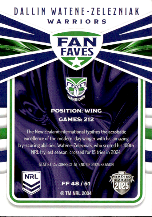 Dallin Watene-Zelezniak Warriors Fan Faves 2025 NRL Traders Trading Card FF 48/51