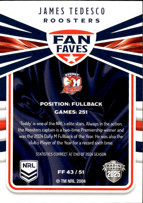James Tedesco Roosters Fan Faves 2025 NRL Traders Trading Card FF 43/51