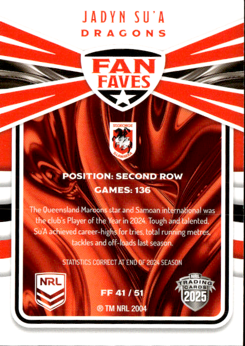 Jadyn Su'A Dragons Fan Faves 2025 NRL Traders Trading Card FF 41/51