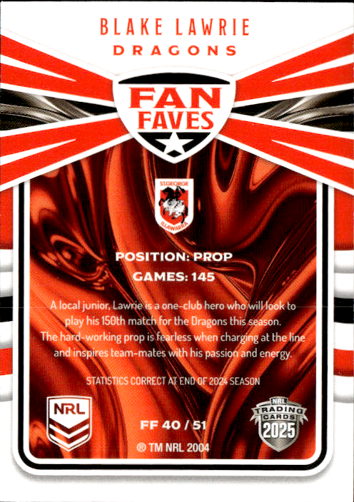 Blake Lawrie Dragons Fan Faves 2025 NRL Traders Trading Card FF 40/51