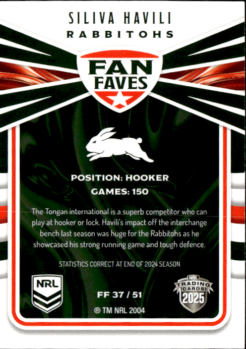 Siliva Havili Rabbitohs Fan Faves 2025 NRL Traders Trading Card FF 37/51