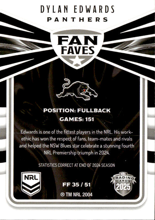 Dylan Edwards Panthers Fan Faves 2025 NRL Traders Trading Card FF 35/51