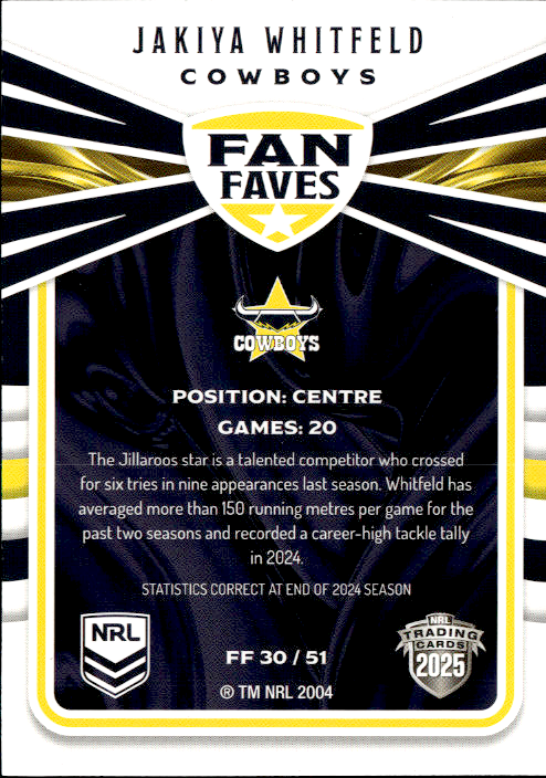 Jakiya Whitfeld Cowboys Fan Faves 2025 NRL Traders Trading Card FF 30/51