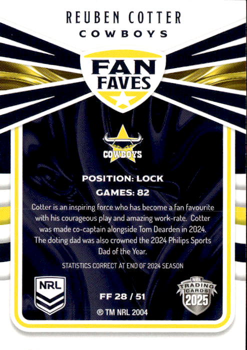 Reuben Cotter Cowboys Fan Faves 2025 NRL Traders Trading Card FF 28/51