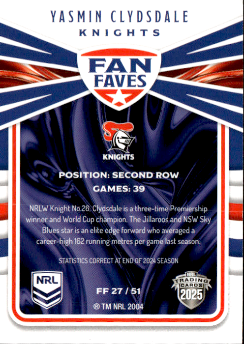 Yasmin Clydsdale Knights Fan Faves 2025 NRL Traders Trading Card FF 27/51