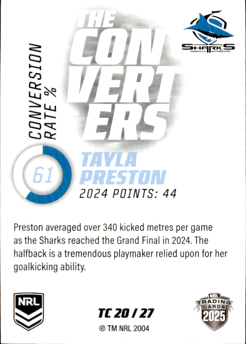 Tayla Preston Sharks The Converters 2025 NRL Traders Trading Card TC 20/27