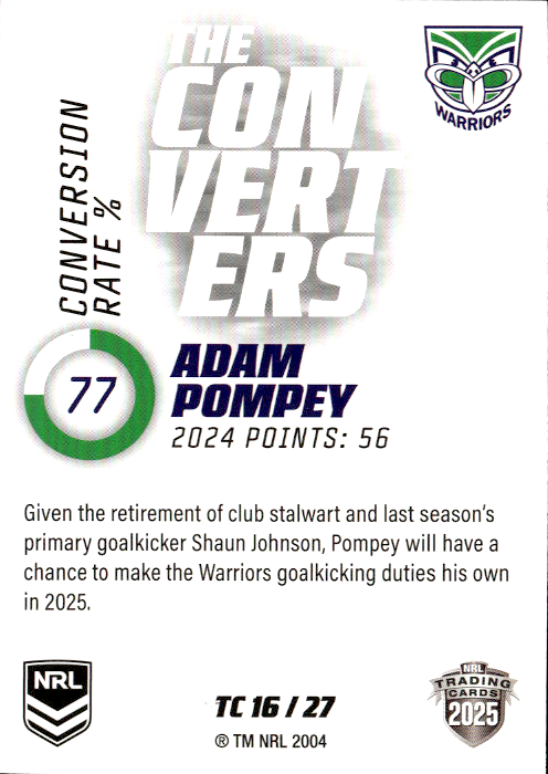 Adam Pompey Warriors The Converters 2025 NRL Traders Trading Card TC 16/27