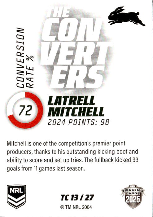 Latrell Mitchell Rabbitohs The Converters 2025 NRL Traders Trading Card TC 13/27