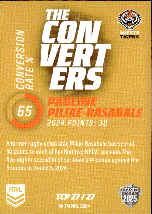 Pauline Piliae-Rasabale West Tigers The Converters Gold 2025 NRL Traders Trading Card TCP 27/27