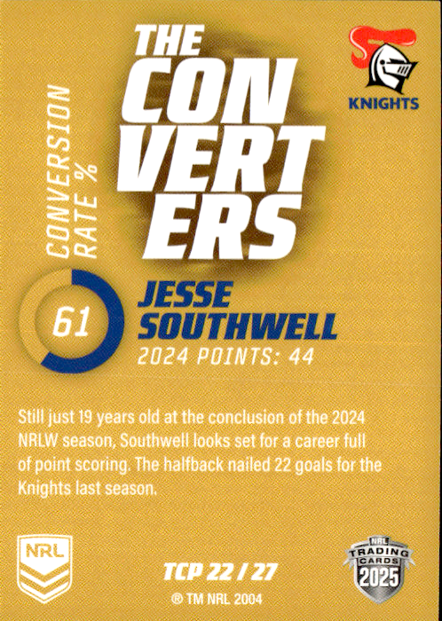 Jesse Southwell Knights The Converters Gold 2025 NRL Traders Trading Card TCP 22/27