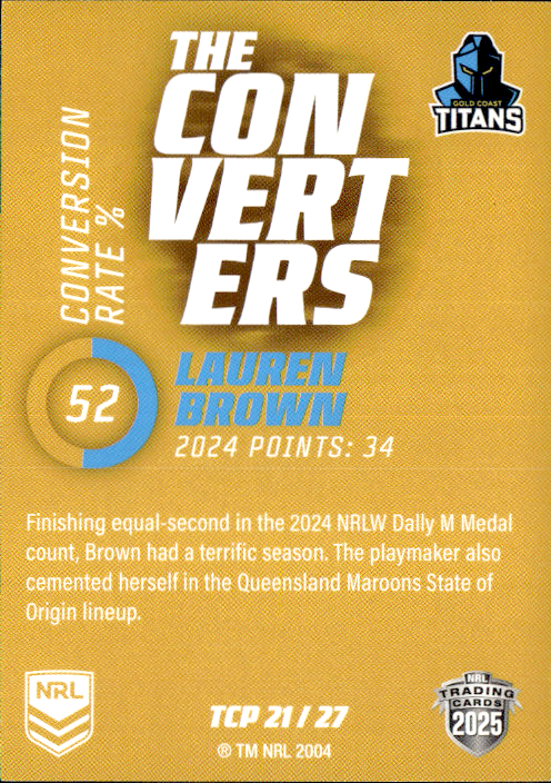 Lauren Brown Titans The Converters Gold 2025 NRL Traders Trading Card TCP 21/27