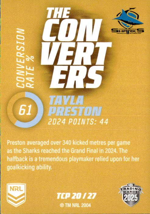 Tayla Preston Sharks The Converters Gold 2025 NRL Traders Trading Card TCP 20/27