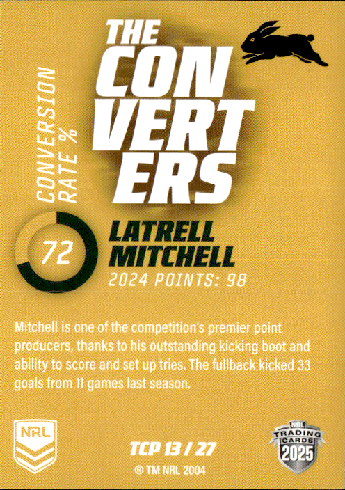 Latrell Mitchell Rabbitohs The Converters Gold 2025 NRL Traders Trading Card TCP 13/27